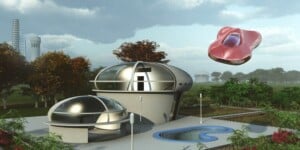 Anti-gravity car flying over futuristic house